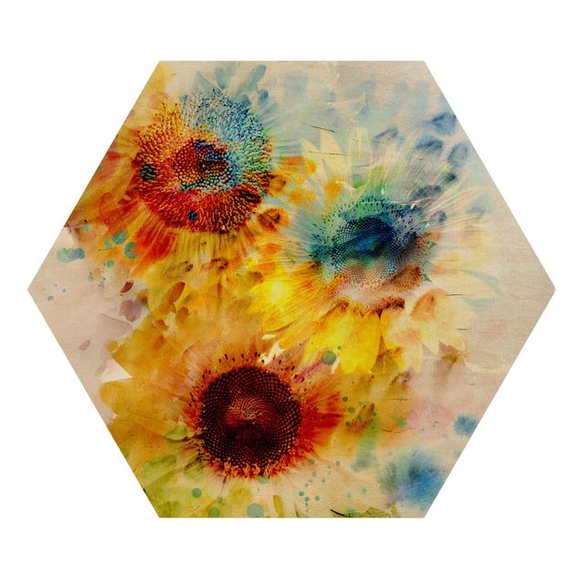 Hexagone en bois - Watercolour Flowers Sunflowers