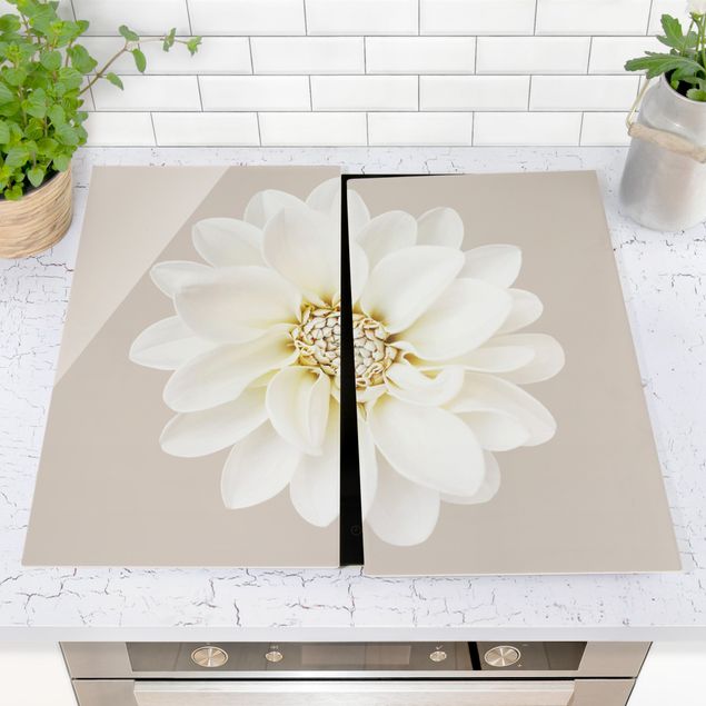 Cache plaques de cuisson fleurs Dahlia Blanc Taupe Pastel Centré