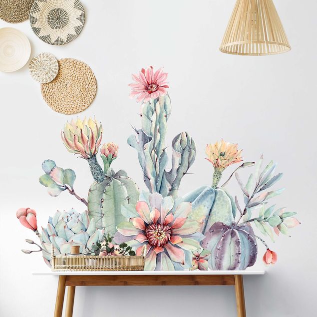 Déco murale cuisine Bouquet de fleurs de cactus à l'aquarelle XXL