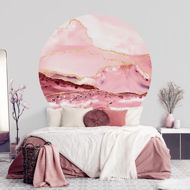Papier peint effet marbre Abstract Mountains Pink With Golden Lines