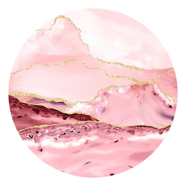 Tapisserie moderne Abstract Mountains Pink With Golden Lines
