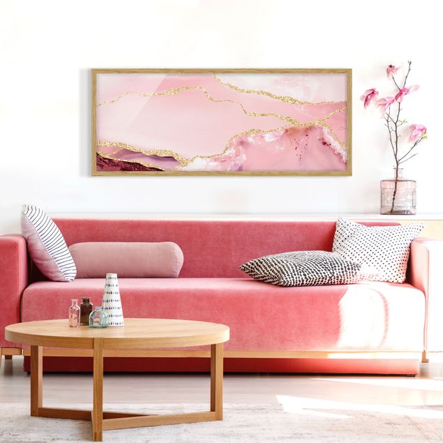 Tableaux modernes Abstract Mountains Pink With Golden Lines