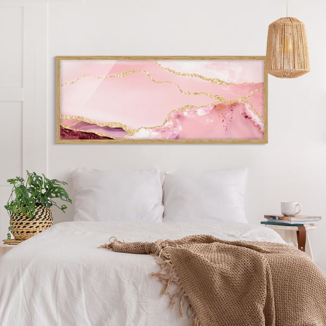 Tableau abstrait Abstract Mountains Pink With Golden Lines