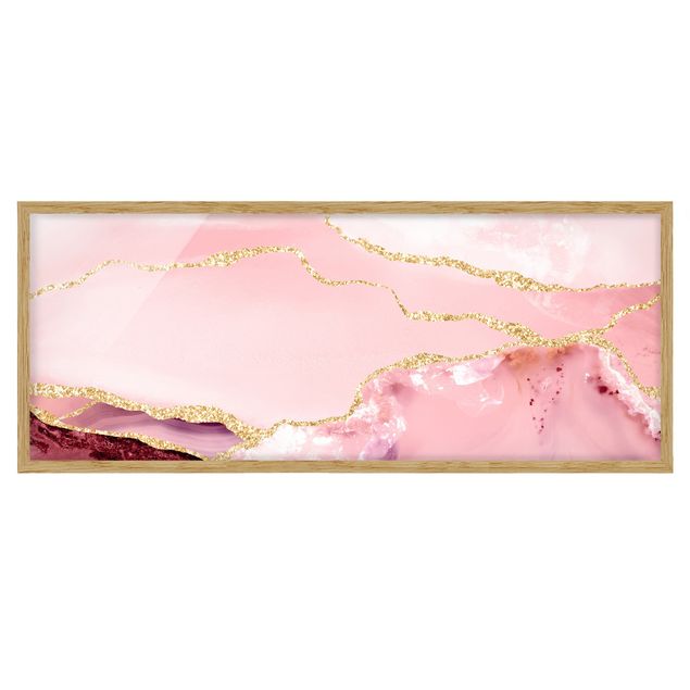 Tableau reproduction Abstract Mountains Pink With Golden Lines