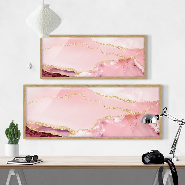 Tableaux encadrés reproductions Abstract Mountains Pink With Golden Lines