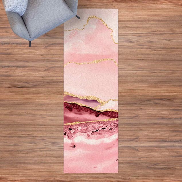 tapis d entrée long Abstract Mountains Pink With Golden Lines