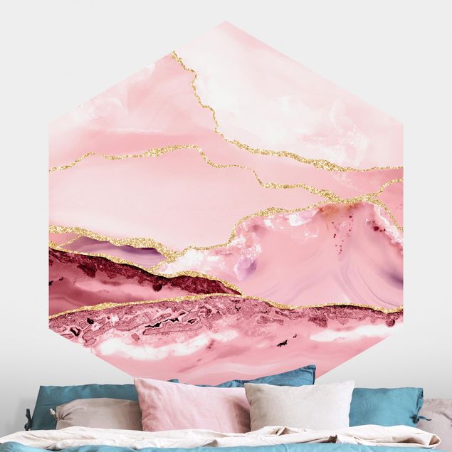 Décorations cuisine Abstract Mountains Pink With Golden Lines