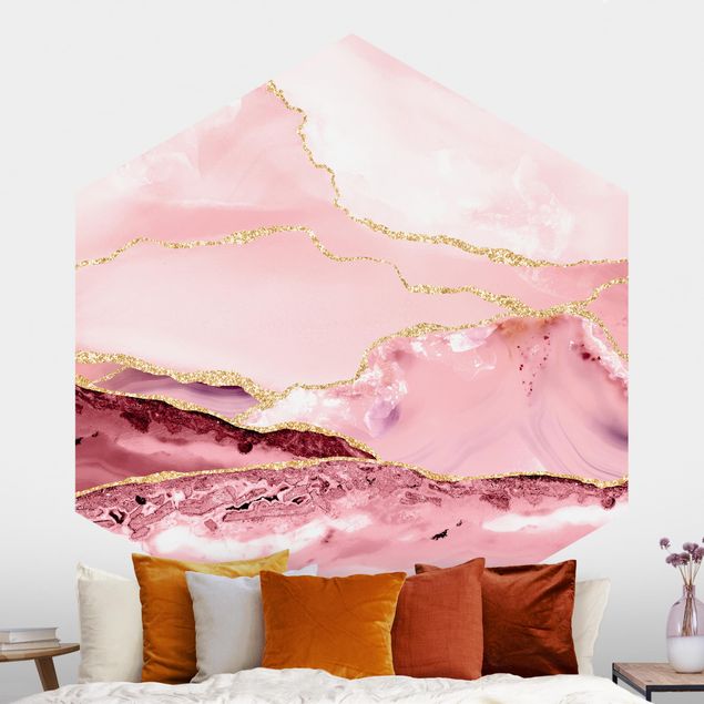 Papier peint marbre Abstract Mountains Pink With Golden Lines