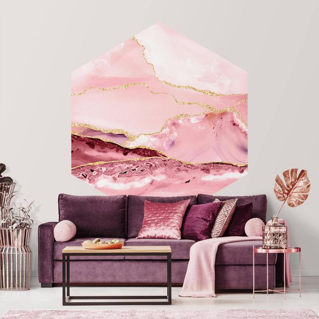 Papier peint montagne Abstract Mountains Pink With Golden Lines