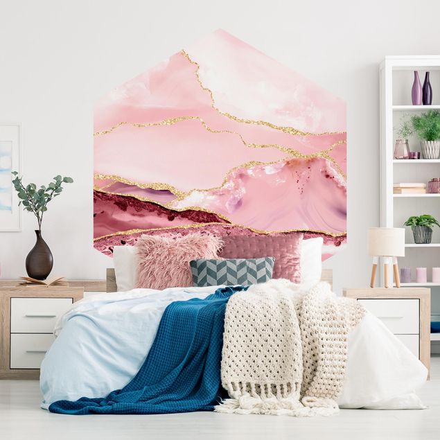 Papier peint moderne Abstract Mountains Pink With Golden Lines