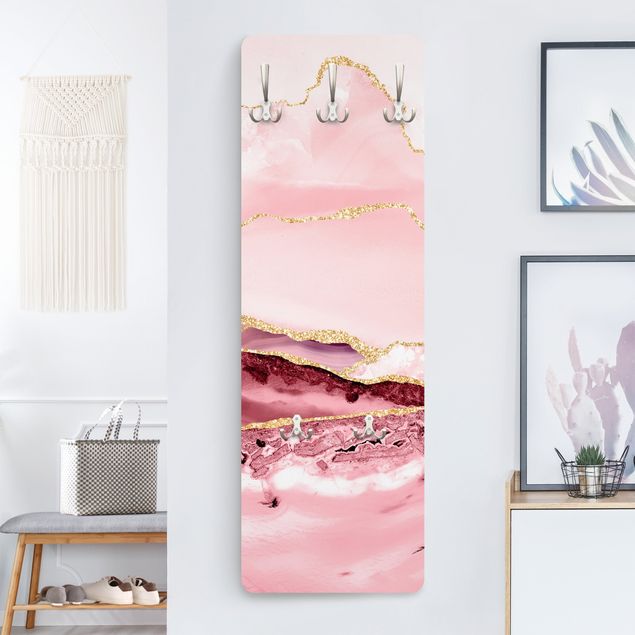 Porte-manteaux muraux avec dessins Abstract Mountains Pink With Golden Lines