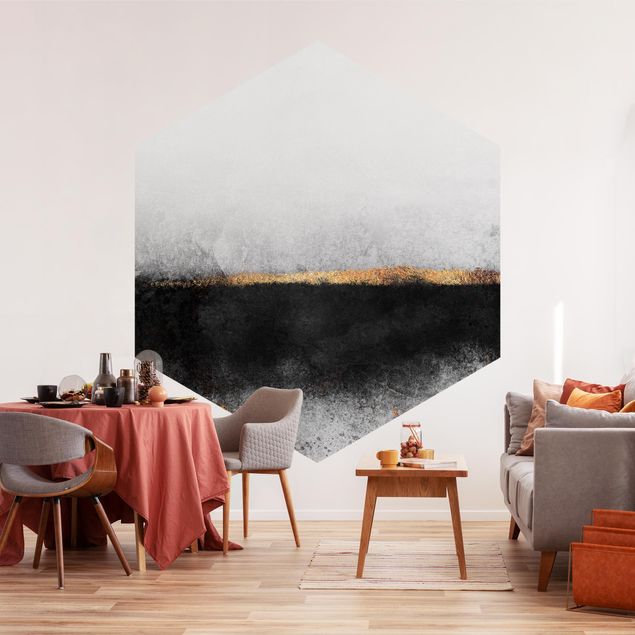 Tapisserie motif Horizon doré abstrait noir et blanc