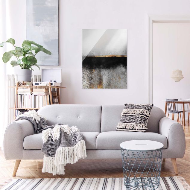 Tableau moderne Horizon doré abstrait noir et blanc
