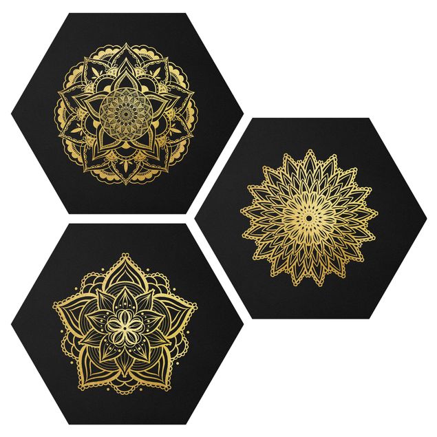 Tableaux dessins Mandala Flower Sun Illustration Set Black Gold