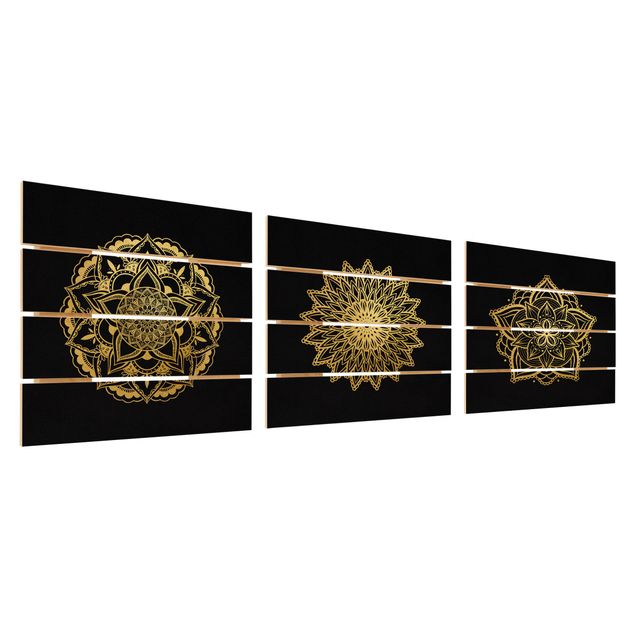 Impression sur bois - Mandala Flower Sun Illustration Set Black Gold