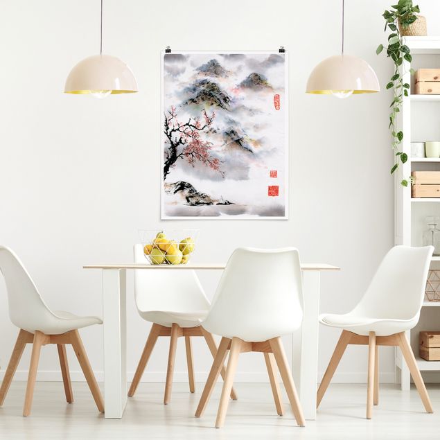 Tableaux paysage Dessin aquarelle japonais Cerisier et montagnes