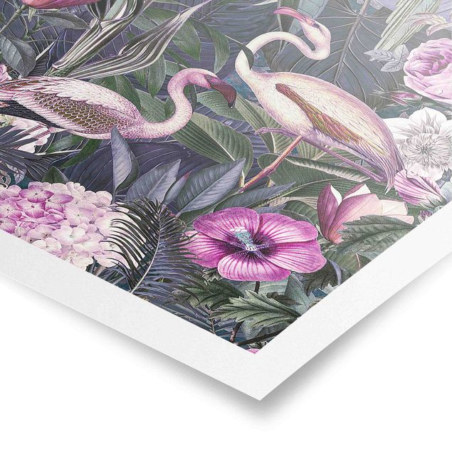 Tableaux animaux Collage coloré - Flamants roses dans la jungle