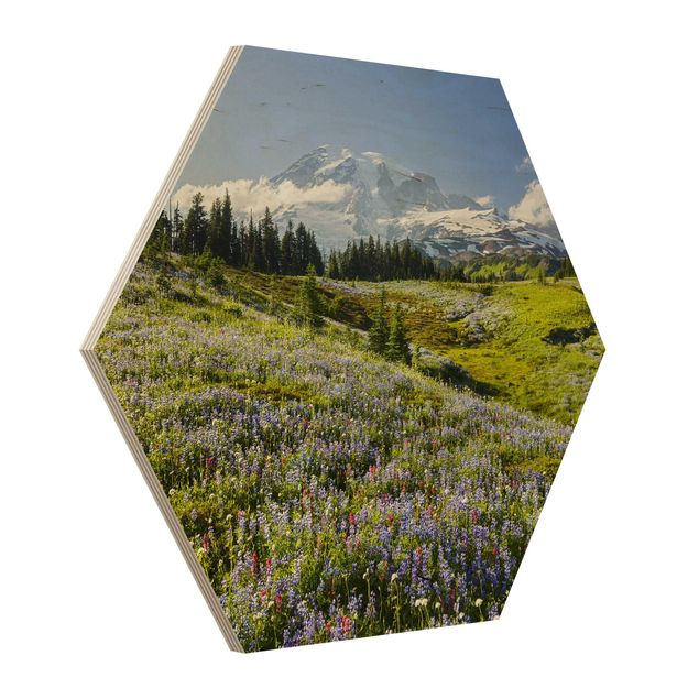 Tableaux de Rainer Mirau Mountain Meadow With Red Flowers in Front of Mt. Rainier