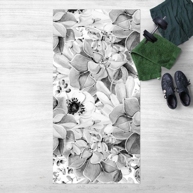 tapis extérieur Aquarelle - Succulente avec fleur en noir et blanc