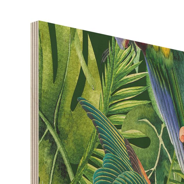 Tableaux en bois Collage coloré - Perroquets dans la jungle