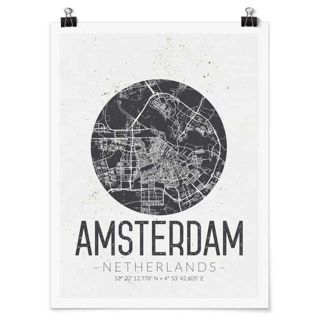 Tableau carte du monde Plan de ville d'Amsterdam - Rétro