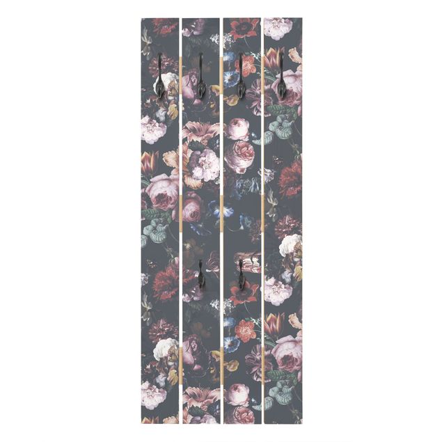 Porte manteau mural gris Vieux Maîtres Fleurs Avec Tulipes Et Roses Sur Gris Foncé