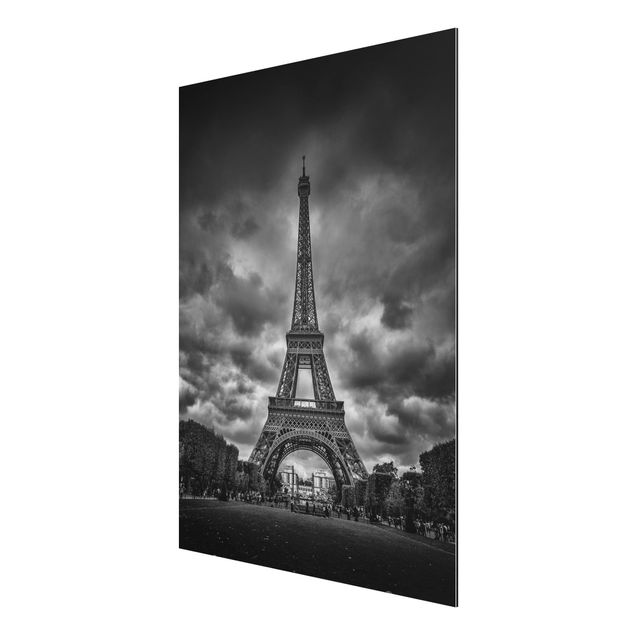 Tableaux modernes Tour Eiffel devant des nuages en noir et blanc