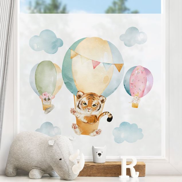 Décoration chambre bébé Vol en ballon aquarelle - Tigre et ses amis