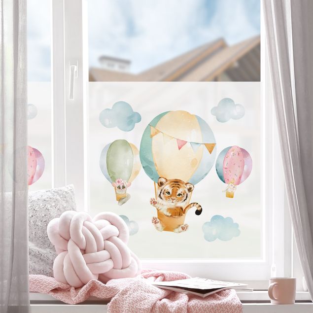 Décoration pour fenêtre - Vol en ballon aquarelle - Tigre et ses amis