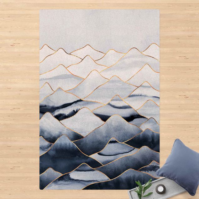 tapis salon moderne Aquarelle Montagnes Blanc Or