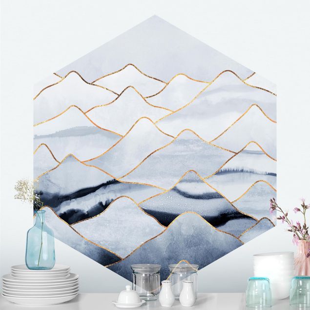 Papier peint montagne Aquarelle Montagnes Blanc Or