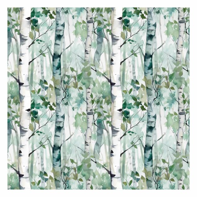 Papier peint panoramique Forêt de bouleaux à l'aquarelle en été