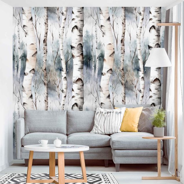 Papiers peints modernes Forêt de bouleaux à l'aquarelle en hiver