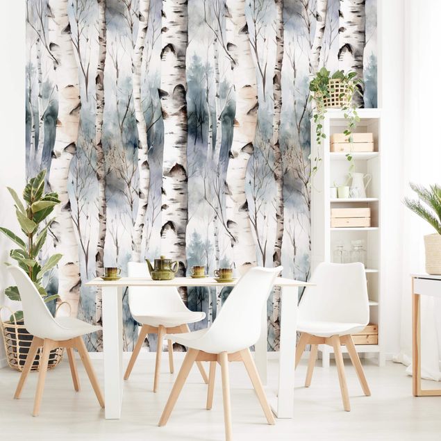 Papier peint panoramique forêt Forêt de bouleaux à l'aquarelle en hiver