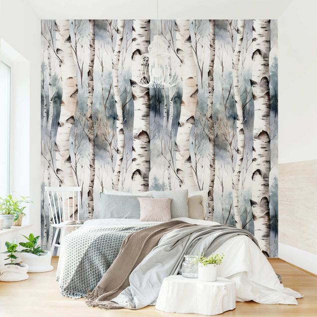 Papier peint panoramique paysage Forêt de bouleaux à l'aquarelle en hiver
