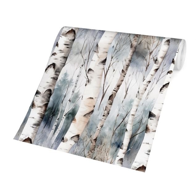 Tapisserie blanche Forêt de bouleaux à l'aquarelle en hiver