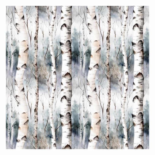 tapisserie panoramique Forêt de bouleaux à l'aquarelle en hiver
