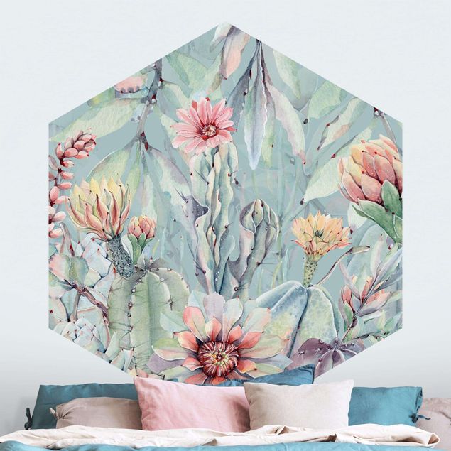 Tapisserie moderne Aquarelle - Bouquet de cactus en fleur