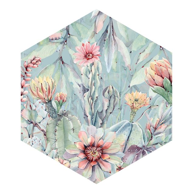 papier peint xxl Aquarelle - Bouquet de cactus en fleur