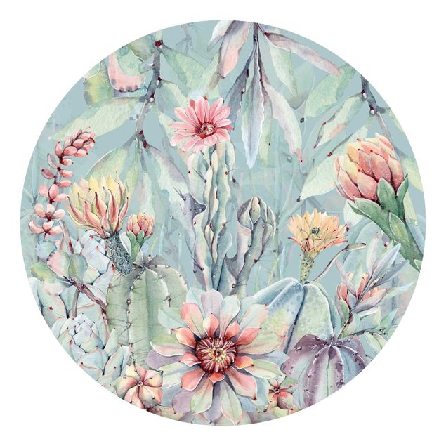 Papier peint rond autocollant - Watercolour Blooming Cacti Bouquet