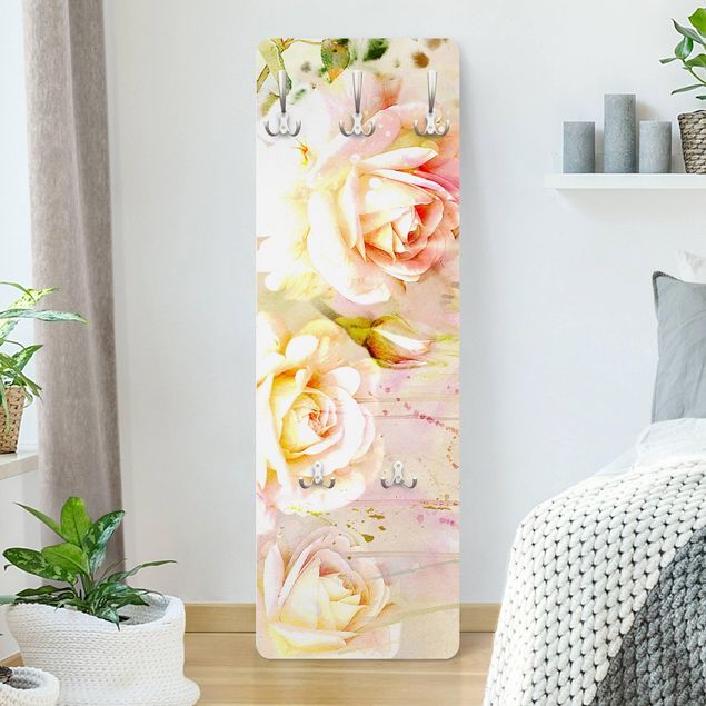 Porte-manteaux muraux avec fleurs Fleurs à l'aquarelle Roses