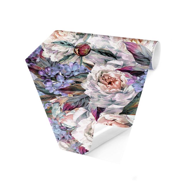 Papier peint panoramique hexagonal Bouquet de Pivoines Lilas à l'Aquarelle