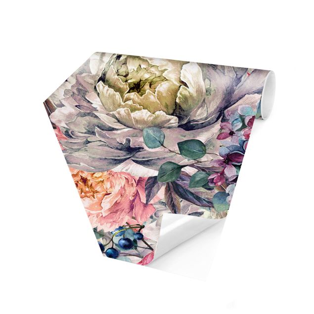Papier peint hexagonal Bouquet Floral Aquarelle