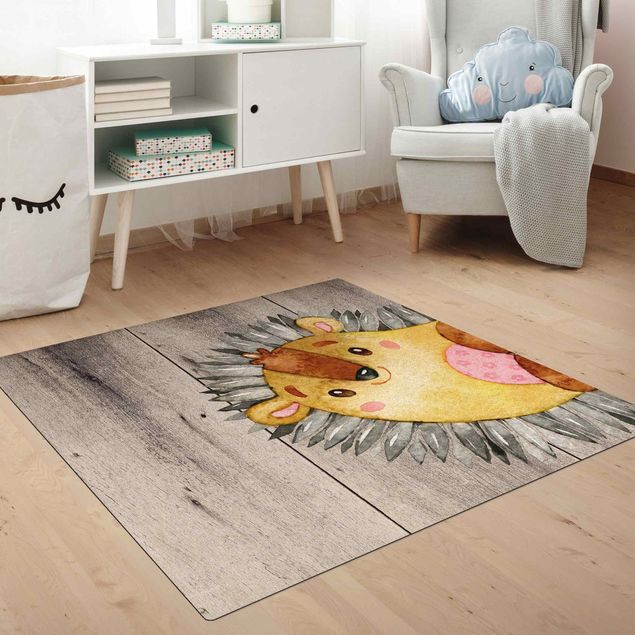 tapis gris salon Aquarelle - Hérisson sur un bois