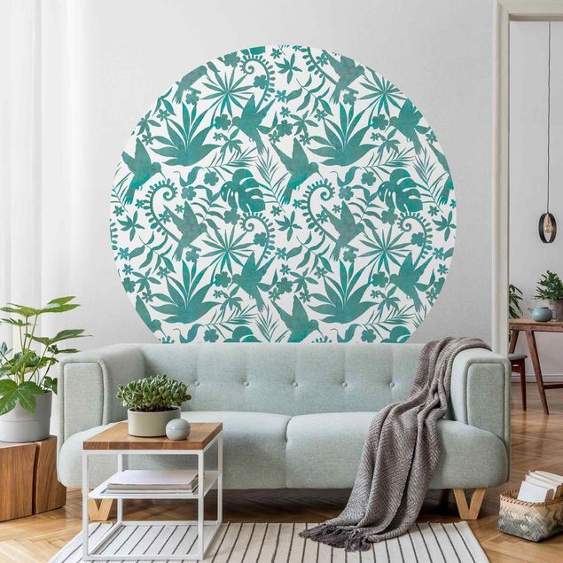 Déco mur cuisine Motif de silhouettes de colibris et de plantes en turquoise aquarelle