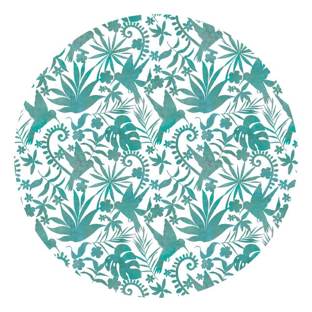 papier peint fleuri Motif de silhouettes de colibris et de plantes en turquoise aquarelle