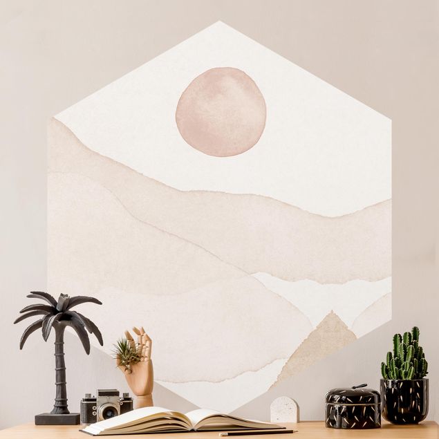 Déco mur cuisine Paysage à l'aquarelle - Le soleil et les montagnes
