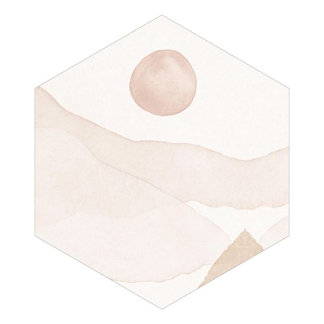 Tapisserie beige Paysage à l'aquarelle - Le soleil et les montagnes