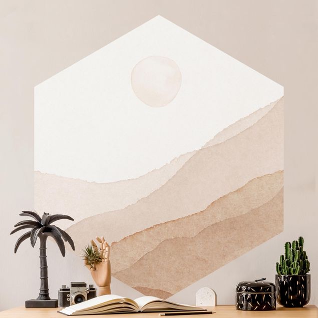 Papier peint montagnes Paysage à l'aquarelle - Lune en plein jour