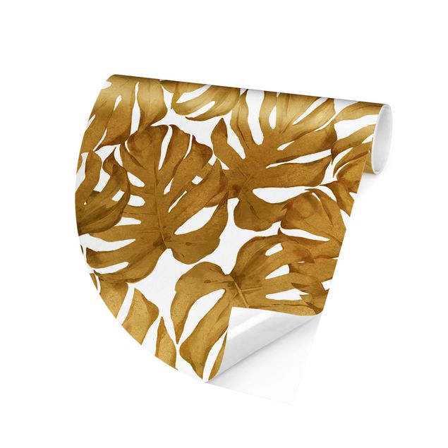 Papier peint fleurs Feuilles de Monstera en or, aquarellées